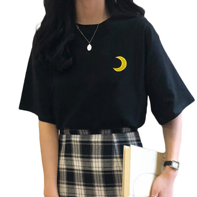 

Women Weather Pattern Embroidered T-Shirt Short Sleeve O Neck Loose Tee Top