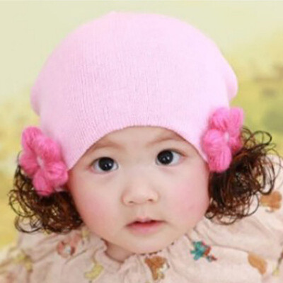 

Winter New Girls Hat Fashion Cute Wig Flower Hair Children Baby Kids Cap Floral Warm Knitted Earmuff Wig Caps Baby Accessories