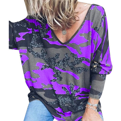 

Plus Size Autumn Women Casual Loose Camouflage Print V Neck Long Sleeve T-Shirt