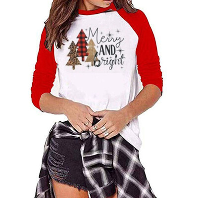 

Tailored Christmas Women Color Patchwork Print Tops Hooded Pullover Blouse T-Shirts