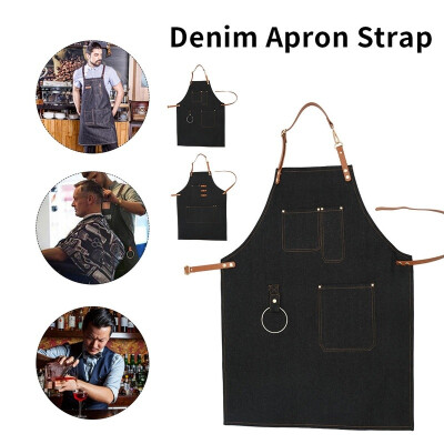 

Denim Bib Apron Working Chef Leather Strap for Barista Baker Bartender BBQ Cook Work Uniform