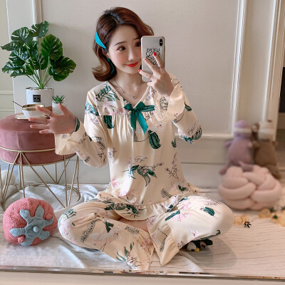 

Autumn Women Pajamas Sets Flower Print Fashion Bow Luxury Female Faux Silk Two Pieces Shirts Pants Nighties Sleepwear