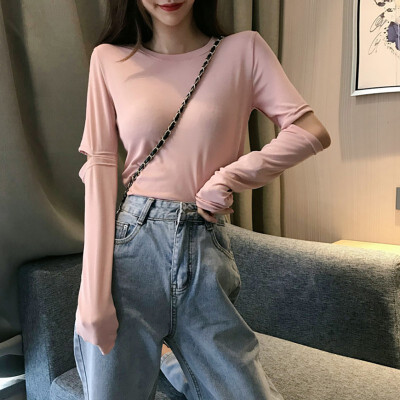 

Casual Women T Shirt Loose Hollow Out Round Collar Spring Solid Color Loose Long Sleeve Casual Simple Wild T-Shirt