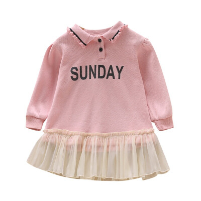 

Baby Girl Dress Autumn Girls Casual Wear Long Sleeve Sweet Letter Print Round Neck Mesh Stitching Kids Girl Cute Dress