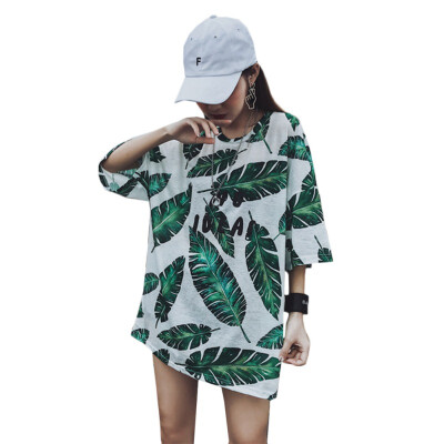 

Summer Women Tops Casual leaf Print T-Shirt Fashion Round Neck Tops Loose Tunic Loose Short Sleeve T-shirt