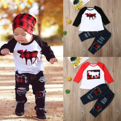 

Xmas Newborn Kids Baby Boys Long Sleeve Reindeer Tops Pants Jeans Outfit Clothes