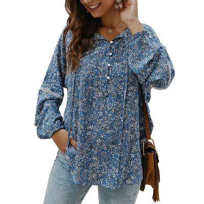 

New Women Autumn Winter Fashion Casual Long-sleeved V-collar Leisure Floral Pattern Shirt Blouse
