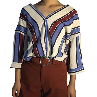 

Women Bohemian V-neck Summer Sweet Full Sleeve Loose Casual Striped Print Blouse