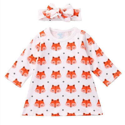

Autumn Two-Piece Girls Suit Children Print Cartoon Fox Long-Sleeved T-shirt Bow Headdress 0-24M