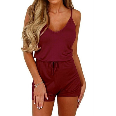 

Womens Fashion Solid V-Neck Lace Up Sleeveless Party Loose Jumpsuit Rompers Playsuit