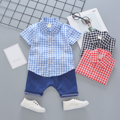 

New Summer Children Baby Boys Casual Short Sleeve Plaid Print T-shirt TopsDenim Shorts Costume Set
