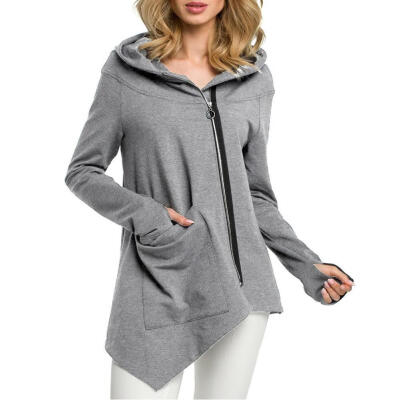 

Solid Women Hoodies Long Sleeve Zipper Splicing Pockets Irregular Clothes