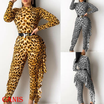 

Women Jumpsuit Romper Lady Long Blouse Top Bodysuit Long Sleeve Leopard Playsuit