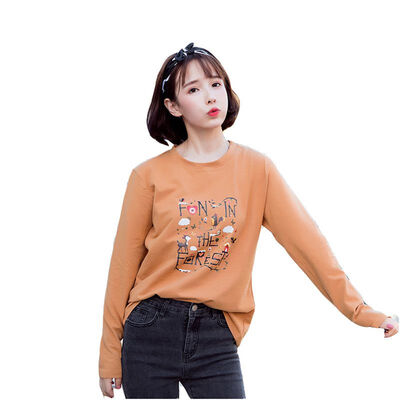 

Womens T-shirt Cartoon Print Pullover Round Neck Long-sleeved Casual T-shirt Tops