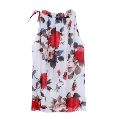 

Summer Women Shirts European Fashion Flowers Print Halter Sleeveless Ruffled Neck Blouse Women Elegant Tops