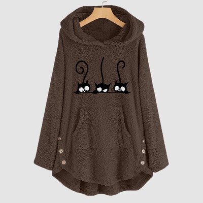 

Tailored Womens Fleece Cat Embroidery Plus Size Warm Hoodie Top Button Sweater Blouse