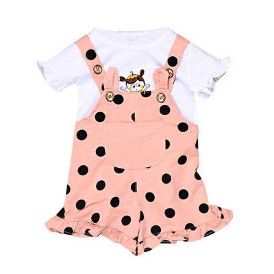 

Toddler Newborn Girl Clothes Autumn Outfits Flare Sleeve Cartoon T-shirt TopsStrap Dot Print Shorts Casual Sets