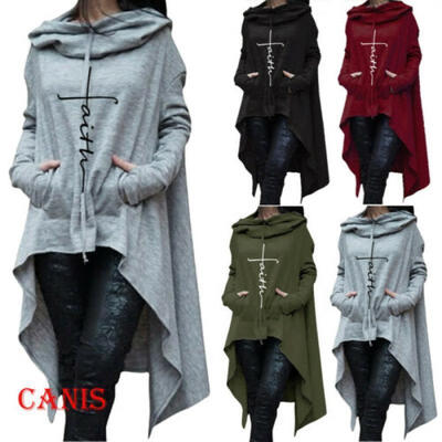 

Women Hoodie Dress Long Hooded Tops Sweatshirt Sweater Asymmetric Coat Plus Size