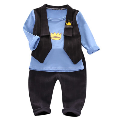 

Autumn Children Baby Boys Casual Long Sleeve Crown Pattern Fake 2 Piece TopsPants Set