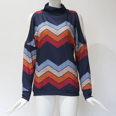

Women Long Sleeve Shirts Autumn Turtleneck Cold Shoulder Printed Pullover Jumper Tops Blouse
