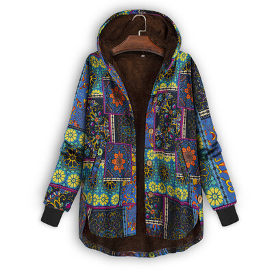 

Toponeto Plus Size Women Side Button Ethnic Print Hooded Long Sleeve Vintage Coat