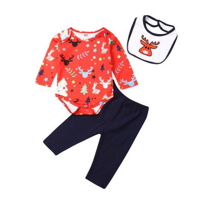 

Christmas Outfits Baby Boys Girls Romper Bodysuit Pants with Bibs Newborn Clothes 3PCS Set 0-24M
