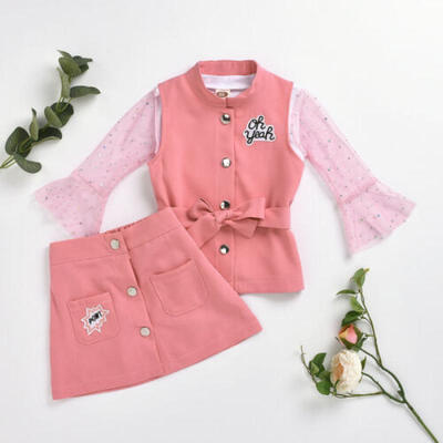 

3PCS Infant Baby Kids Girl Set Lace Tops Skirts Vest Coat Outfits Clothes US