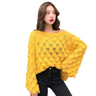 

Autumn Korean Style Womens Solid Sexy Hollow Out Sweater Loose Casual Flare Sleeves Thin Knit Pullover Hot