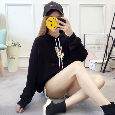

CITYPLUS 2019 new loose large size shirt thin cartoon embroidery hooded pullover sweater women spring&summer CWWY191218 black