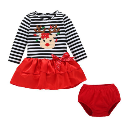 

2Pcs Baby Girls Dress Sets Kids Christmas Deer Stripe Pattern Dresses Casual Long Sleeve Tutu dressShorts Baby Clothing