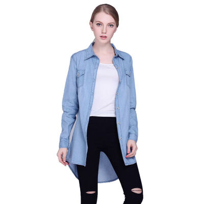 

Autumn Long Style Shirt Dark Blue Turn-down Collar Long-sleeve Denim Shirt For Womens Blouse