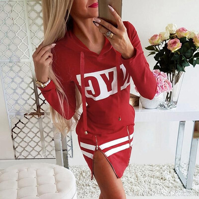 

Fashion Women Autumn Print Hooded Dress NYC Long Sleeve Drawstring Zipper Pocket Casual Mini Hoodie Dress