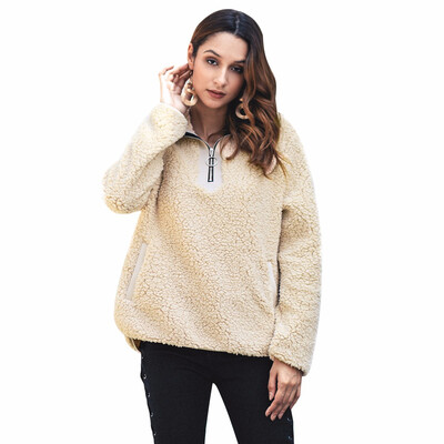 

Faux Fur Fluffy Autumn Winter Casual Women Sweatshirts Grey Long Sleeve Womens Stand collar zipper Pullovers