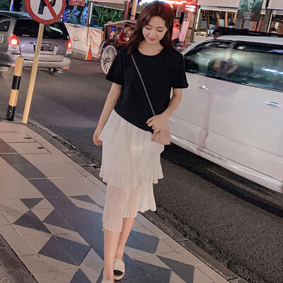

Casual Womens Sets Sweet Solid Color O-Neck Short Sleeve Fashion Irregular T-Shirt Mid-Calf Cake Skirt Summer Sweet 2pcs