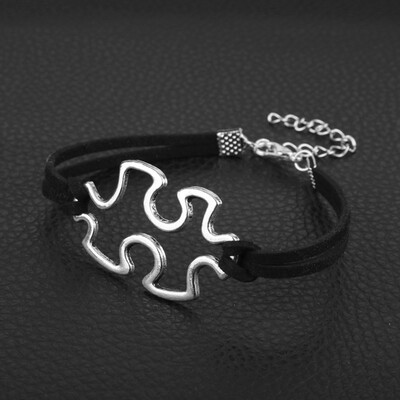 

Punk Antique Silver Jigsaw Autism Awareness Charms Jewelry Men Leather Puzzle Bracelets Best Gift