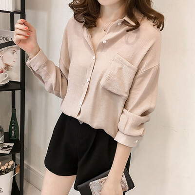 

Tailored Women Plus Size Casual Solid Blouse V-neck Loose Shirt Button Long Sleeve Tops