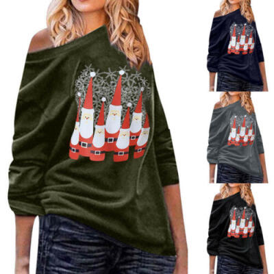 

Fashion Women Ladies Off Shoulder Shirt Santa Printed Long Sleeve Top Blouse New