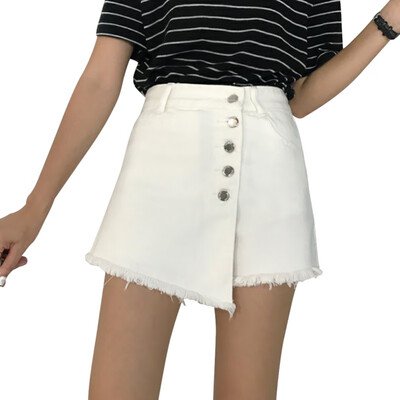 

Women High Waist A-Line Raw Hem Button Fly Denim Irregular Casual Shorts Skirt