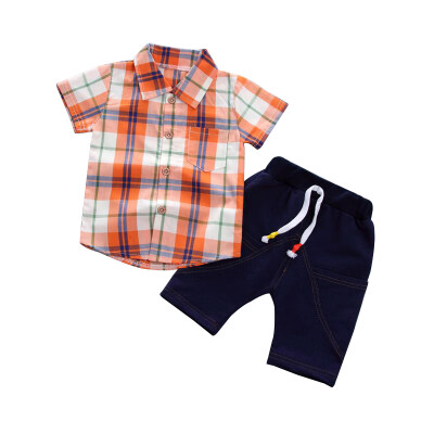 

Summer Baby Boy Adorable Plaid Print Short Sleeve Shirt Blouse Shorts Casual Outfits Clothes Plaid Top With Black Pants 2PCS