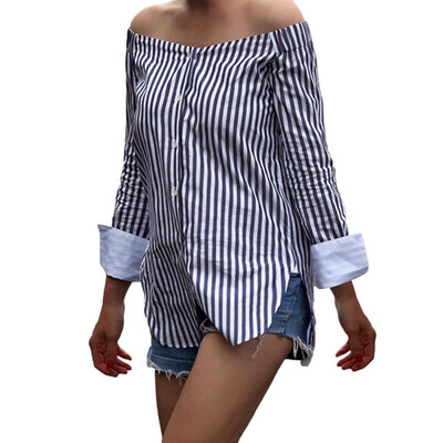 

Fashion Striped Print Women Off Shoulder Blouse Slash Neck Long Sleeve Shirt Women Tops Ladies Blouses