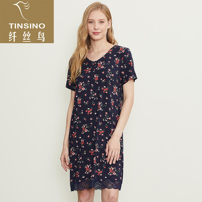 

Filament bird TINSINO ladies printed half-sleeve skirt Austrian blue fine viscose fabric soft breathable home service pajamas rose pink flower  16595