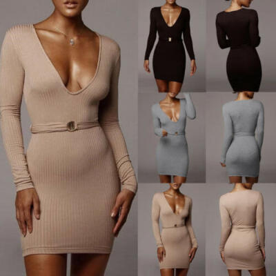 

AU Women Winter Knit Dress Sweater Bodycon Deep V Neck Long Sleeve Mini Dresses