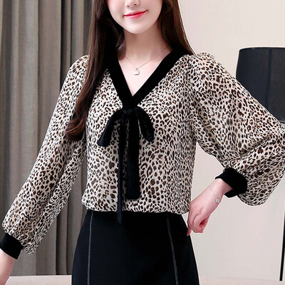 

Tailored Womens Chiffon Leopard Print With Bow Long Sleeve Loose Casual Blouse Tops