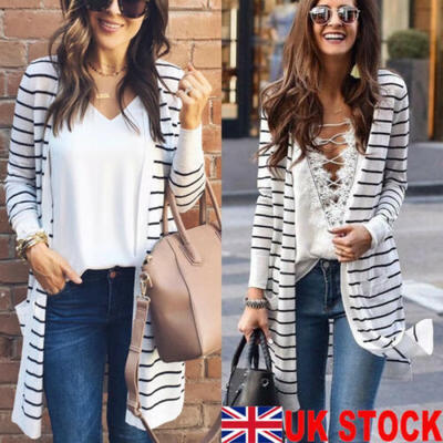 

UK Women Autumn Long Sleeve Striped Knit Top Casual Cardigan Outwear Coat Jacket