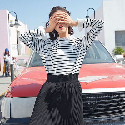

Korean Style Flare Long Sleeve T Shirts Womens Fashion Harajuku Striped T Shirt Female Casual Student T-shirt