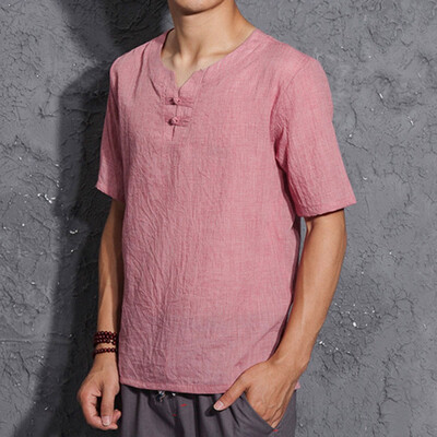 

Toponeto Mens Linen Short Sleeve Solid Color Crew Neck Loose Casual T Shirt Blouse