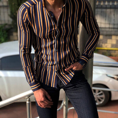 

Mens Vintage Striped Shirt Button Down Autumn Long Sleeve Causal Top Tee Shirt