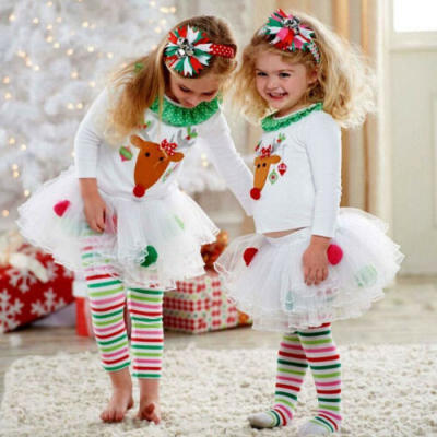 

Christmas Baby Kids Girls Deer Tops Tulle Tutu Leggings Pants Outfits UK STOCK