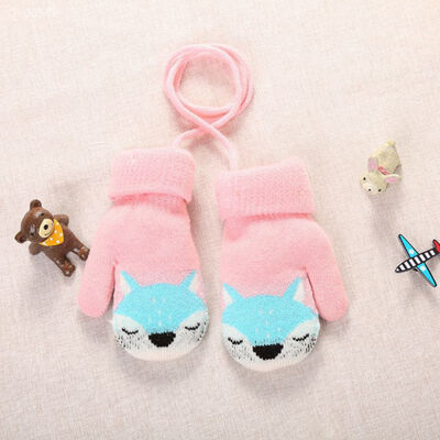 

Cute Cartoon Bear Baby Gloves Winter Wool Plus Thick Full Rope Finger Mittens Warm Knitted Gloves