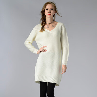 

PREISEI New Autumn Winter Women Casual Elegant Loose Solid V-Neck Long Sleeve Thick Sweater Dress Vestido Mujer